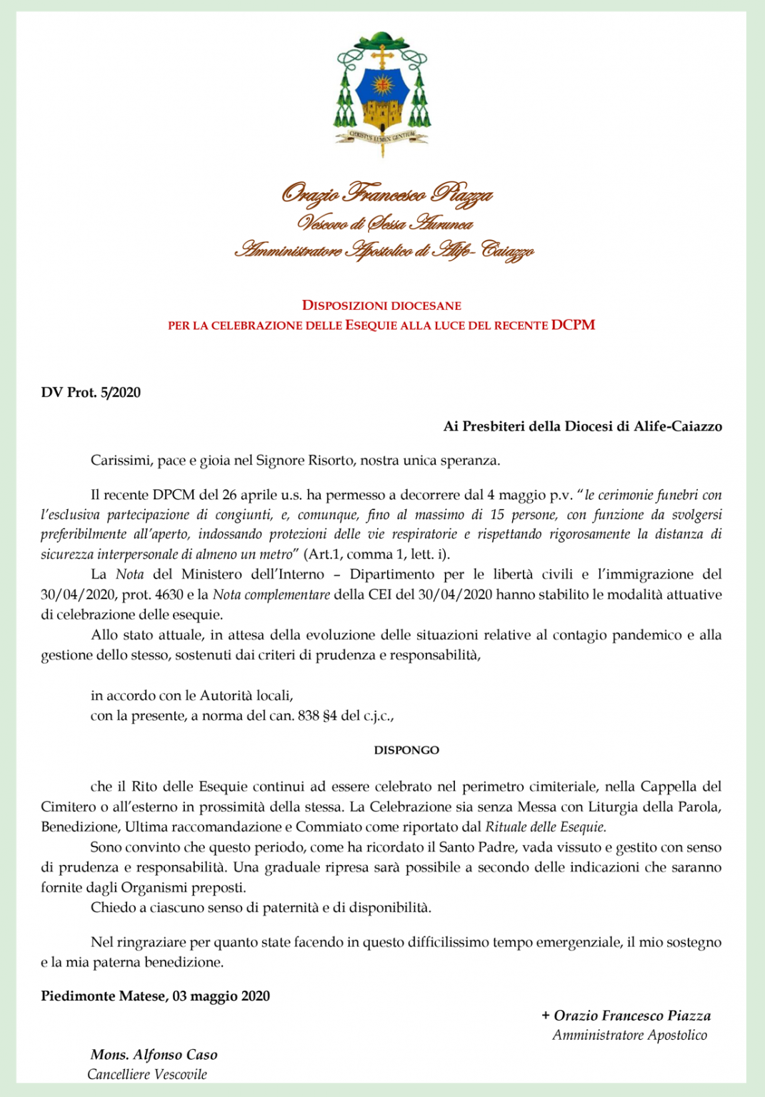 Rito Delle Esequie: Il Decreto Del Vescovo Orazio Francesco Piazza ...